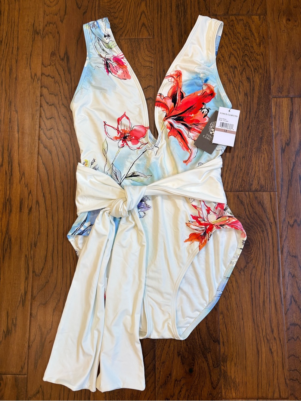 Vince Camuto Women’s Floral Tie-Waist One-Piece Swimsuit - White with Red Floral